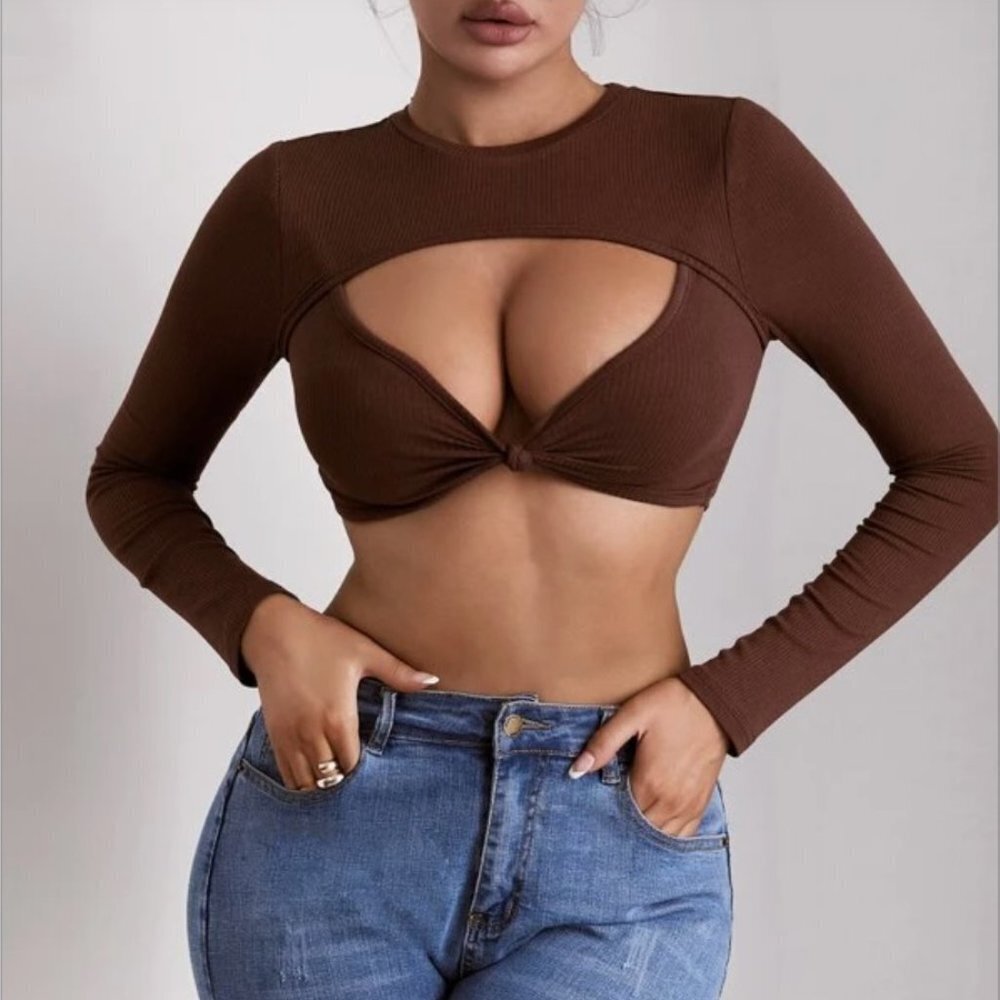 Brown Long Sleeve Cut Out Crop Top Sexy Size 4 Coffee Brown